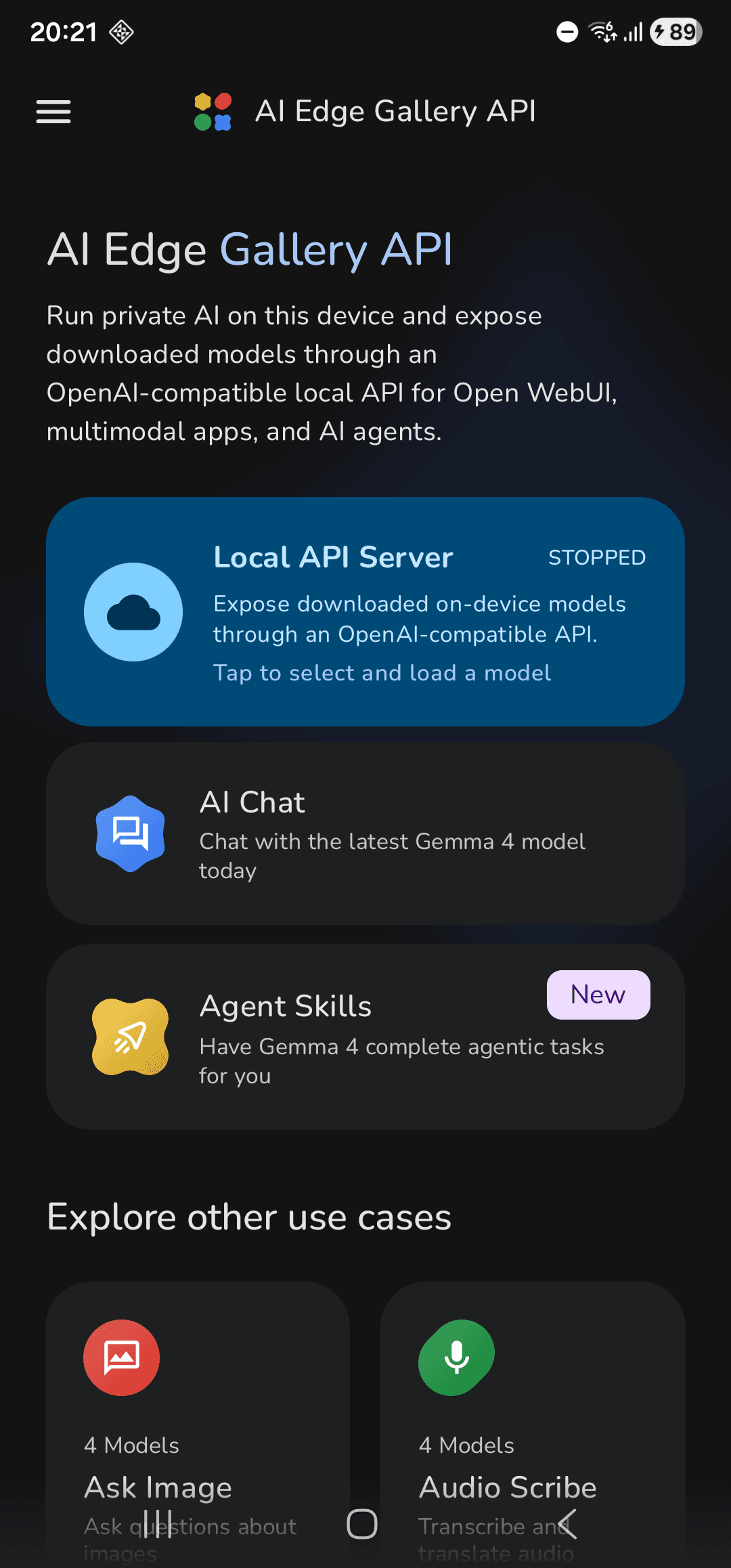 Tela inicial do AI Edge Gallery API