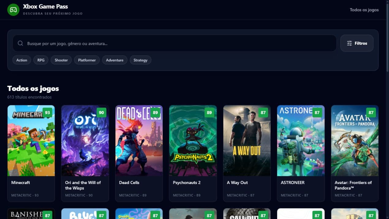 Dashboard do catálogo do Game Pass